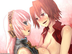 2girls blue_eyes breast_press breasts large_breasts long_hair megurine_luka meiko_(vocaloid) multiple_girls pink_hair raichi_(litchixlitchi) red_eyes short_hair symmetrical_docking vocaloid yamaha yuri