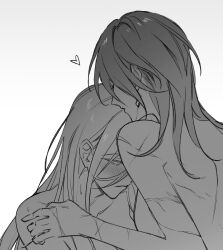 2girls bag blush chief_(path_to_nowhere) closed_eyes collarbone cross_scar diamond_earrings earrings female_chief_(path_to_nowhere) from_behind greyscale hair_between_eyes hand_on_another&#039;s_shoulder heart highres jewelry kissing_head long_hair long_hair_between_eyes monochrome multiple_girls nox_(path_to_nowhere) parted_lips path_to_nowhere pointy_nose scar scar_on_arm scar_on_back scar_on_hand scar_on_shoulder shoulder_bag sidelocks simple_background straight_hair sweat toho10min topless_female upper_body white_background yuri