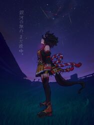 1girl 4me_4ma animal_ears black_hair boots brown_skirt croix_du_nord_(racehorse) detached_sleeves from_side highres horse_ears horse_girl horse_tail kitasan_black_(umamusume) looking_up multicolored_hair night night_sky pleated_skirt real_life rope shimenawa short_hair skirt sky solo star_(sky) starry_sky streaked_hair tail thigh_boots tokyo_yushun umamusume white_hair