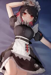 Rule 34 | 1girl, absurdres, belt, black dress, breasts, chain, closed mouth, collar, colored inner hair, dress, ellen joe, expressionless, hair ornament, hairclip, hand up, highres, looking at viewer, lying, maid, maid headdress, medium breasts, medium hair, multicolored hair, nail polish, on back, puffy short sleeves, puffy sleeves, red eyes, red nails, short sleeves, solo, spiked collar, spikes, thighs, thomas 8000, wrist cuffs, zenless zone zero