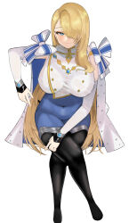 1girl absurdres artist_request black_boots blonde_hair blue_eyes bodystocking boots breasts brown_dust_(series) brown_dust_2 cape closed_mouth covered_navel cropped_jacket crossed_legs elbow_gloves full_body gloves hair_over_one_eye highres jacket large_breasts light_blush long_hair looking_at_viewer non-web_source pointing pointing_down shoulder_ribbon simple_background solo thigh_boots third-party_source very_long_hair white_background white_cape white_gloves white_jacket wilhelmina_(brown_dust)