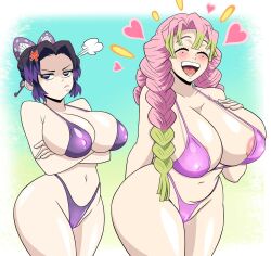 2girls anger_vein bare_shoulders bikini blush breasts collarbone grimphantom heart kanroji_mitsuri kimetsu_no_yaiba kochou_shinobu large_breasts multiple_girls navel nipples pink_hair smile standing stomach swimsuit teeth thighs tongue wide_hips