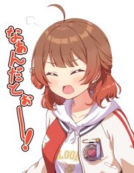 1girl ahoge badge blush brown_hair closed_eyes commentary drawstring earrings gakuen_idolmaster gradient_hair hair_bun hanami_ume highres hood hood_down hoodie hoop_earrings idolmaster ixia_(ixia424) jacket jewelry multicolored_hair one_side_up open_clothes open_jacket open_mouth puff_of_air safety_pin short_hair shouting single_side_bun solo symbol-only_commentary tied_drawstring translation_request upper_body