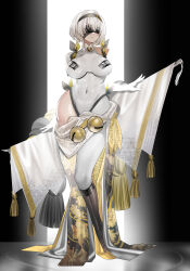1girl 2b_(nier:automata) absurdres alternate_costume bell black_hairband blush bodysuit breasts closed_mouth covered_eyes covered_navel full_body hairband highleg highres kneehighs large_breasts nier:automata nier_(series) short_hair socks solo standing teddypocky thighs white_bodysuit white_hair