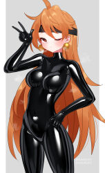 1girl absurdres artist_name black_bodysuit black_headband blush bodysuit breasts covered_navel cowboy_shot earrings gold_earrings grey_background hand_on_own_hip headband highres impossible_bodysuit impossible_clothes jewelry latex latex_bodysuit lina_inverse long_hair looking_at_viewer maguro27 one_eye_closed orange_hair shiny_clothes simple_background skin_tight slayers solo sweat twitter_username two-tone_background w white_background