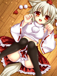 1girl animal_ears arms_up asazuki_kanai black_thighhighs blush detached_sleeves female_focus hat inubashiri_momiji kanai_amachi lying midriff on_back open_mouth panties pantyshot red_eyes shirt short_hair silver_hair skirt smile solo tail thighhighs touhou underwear upskirt white_panties wolf_ears wolf_tail