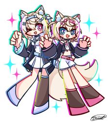 Rule 34 | absurdres, animal ear fluff, animal ears, black coat, black jacket, blonde hair, blue eyes, blue hair, coat, cropped jacket, cropped shirt, dog ears, dog girl, dress, fuwawa abyssgard, fuwawa abyssgard (1st costume), hairband, highres, hololive, hololive english, jacket, long hair, mococo abyssgard, mococo abyssgard (1st costume), open clothes, open coat, open jacket, pink eyes, pink hair, shirt, short hair, shorts, siblings, sico de seraph, simple background, sisters, spiked hairband, spikes, twins, virtual youtuber, white background, white dress, white shirt, white shorts