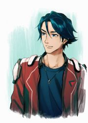 1boy blue_eyes blue_hair hayate_immelmann highres jacket jewelry light_smile looking_to_the_side macross macross_delta male_focus mosako necklace aged_up solo upper_body