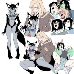 1boy 6+girls anger_vein animal_ears black_choker black_eyes black_hair black_mask blank_eyes blonde_hair braid braided_ponytail breasts choker closed_eyes colored_skin commentary denim denim_shorts eating_hair english_commentary expressionless fake_animal_ears forked_tongue fox_ears fox_girl fox_tail frown furry furry_female glasses goggles goggles_around_neck green_skin grey_sweater hat highres jacket jiangshi mask_pull medium_breasts medium_hair multicolored_hair multicolored_jacket multiple_girls multiple_persona name_tag ofuda open_mouth original paw_pose piercing pink-framed_eyewear pink_socks qingdai_guanmao robot_girl roots_(hair) short_shorts shorts sidelocks single_braid smile socks star_(symbol) sticker_on_face sweat sweatdrop sweater tail tongue tongue_out tongue_piercing torn_clothes torn_shorts two-tone_jacket white_hair yblndr yellow_eyes