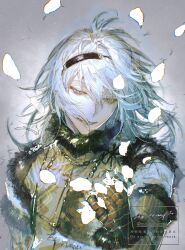 Rule 34 | 1boy, commentary request, falling petals, fur-trimmed jacket, fur trim, grey hair, half-closed eyes, highres, jacket, long hair, male focus, moony (mogmogmelt), nier, nier (brother), nier (brother) (post timeskip), nier (series), petals, smile, solo, upper body, watermark, white petals