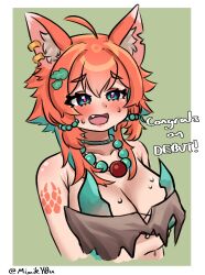 1girl absurdres ahoge animal_ear_fluff animal_ears bandeau bead_necklace beads blue_eyes blush border breasts brown_bandeau cleavage commentary english_commentary english_text fang green_background hair_ornament highres jewelry large_breasts leaf_bra leaf_hair_ornament leaf_pasties mimiky0u mozumi_pichi necklace open_mouth orange_hair signature simple_background solo sweat torn_clothes upper_body v-dere virtual_youtuber white_border wolf_ears wolf_girl