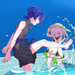 1boy 1girl arms_at_sides barefoot black_shorts bloomers blue_hair blue_sky blunt_ends blush bodysuit bracelet bright_pupils brown_bodysuit brown_hat caramelo_game clear_sky clenched_hand closed_eyes colored_inner_hair colored_tips dress eyelashes eyeliner eyeshadow facing_another foot_up genshin_impact gold gold_trim green_hair hair_between_eyes hakama hakama_shorts hat highres hip_vent japanese_clothes jewelry long_hair looking_at_another makeup mandarin_collar multicolored_hair nahida_(genshin_impact) ocean open_hand open_hands open_mouth outdoors pleated_shorts purple_eyes purple_hair red_eyeliner red_eyeshadow scaramouche_(genshin_impact) shorts side_ponytail sidelocks sky splashing standing sun_hat toes tsurime twitter_username underwear wading wanderer_(genshin_impact) watermark white_bloomers white_dress white_hair white_pupils