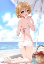 1girl :d ass back barefoot beach beach_umbrella bikini blonde_hair blue_eyes blush braid cloud commentary_request darjeeling_(girls_und_panzer) day feet full_body girls_und_panzer hair_between_eyes halterneck hands_up highres kneeling kuroi_mimei looking_at_viewer looking_back ocean open_mouth outdoors picnic_basket sand sky smile soles solo swimsuit umbrella water white_bikini