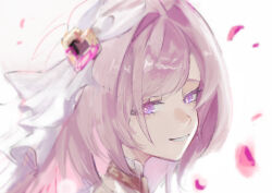 Rule 34 | 1girl, diamond-shaped pupils, diamond (shape), elysia (herrscher of human: ego) (honkai impact), elysia (honkai impact), falling petals, hair ornament, hashtag-only commentary, highres, hina taira, honkai (series), honkai impact 3rd, long hair, looking at viewer, petals, pink hair, portrait, purple eyes, simple background, smile, solo, symbol-shaped pupils, white background