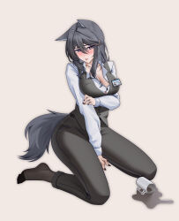1girl :p absurdres alter_kamerade animal_ears arknights arm_under_breasts black_hair black_nails black_pants black_pantyhose black_tail black_vest blush breasts character_name chinese_commentary closed_mouth collarbone commentary_request cup feet fingernails full_body grey_background hair_between_eyes hair_intakes hand_on_own_arm highres inset jewelry large_breasts long_hair long_sleeves looking_at_viewer mug multicolored_eyes nail_polish no_shoes official_art_inset pants pantyhose partial_commentary purple_eyes ring shirt simple_background sitting solo spill tail texas_(arknights) toes tongue tongue_out two-tone_eyes variant_set vest wariza white_shirt wolf_ears wolf_girl wolf_tail yellow_eyes