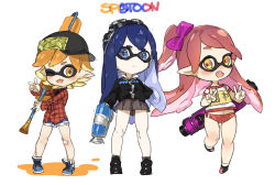 3girls bandaid baseball_cap blonde_hair blue_hair blush bow buruma cosplay denim denim_shorts double_v fangs fusion goggles goggles_on_head gym_uniform hair_bow hat highres holding honda_mio idolmaster idolmaster_cinderella_girls inkling_player_character inkling_player_character_(cosplay) leg_up long_hair looking_at_viewer miniskirt monster_girl multiple_girls name_tag nintendo one_eye_closed open_mouth paint_roller plaid_clothes plaid_shirt pleated_skirt shibuya_rin shimamura_uzuki shirt shoes short_hair short_shorts shorts sideways_hat skirt smile sneakers socks spawnfoxy splat_roller_(splatoon) splatoon_(series) splatoon_1 standing super_soaker t-shirt tentacle_hair v yellow_eyes