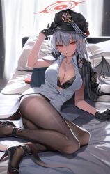 1girl black_bra black_gloves black_pantyhose black_wings blue_archive bra bra_peek braid breasts cleavage demon_wings fake_wings gloves greenkohgen halo hand_up haruna_(blue_archive) hat highres jacket jacket_on_shoulders long_hair looking_at_viewer lying no_pants on_bed on_side pantyhose partially_unbuttoned peaked_cap piercing red_halo shirt side_braid single_wing smile solo underwear white_hair white_shirt wing_piercing wings