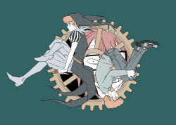 3boys aqua_background commentary_request crossed_legs dual_persona freckles gears glasses hat holding holding_scissors invisible_chair jester jester_cap male_focus multiple_boys orange_hair randal&#039;s_friends randal_ivory red_hair scissors sebastian_de_tomato_smith_chicken_legs short_hair simple_background sitting tsukasa_(tsukasa_mimizuku)