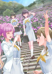 4girls :d ;d ^_^ absurdres anyoji_hime arm_up blonde_hair blue_dress blunt_bangs braid breast_pocket breasts briefcase brown_hair center-flap_bangs closed_eyes closed_mouth commentary dress flower garden gradient_hair hair_intakes hasu_no_sora_school_uniform highres holding holding_briefcase hood hooded_jacket ishikawa_prefecture jacket kachimachi_kosuzu kanazawa_(city) katsuragi_izumi kobassy link!_like!_love_live! long_hair looking_at_another love_live! medium_breasts medium_dress momose_ginko multi-tied_hair multicolored_hair multiple_girls neckerchief one_eye_closed open_clothes open_jacket open_mouth pink_flower pink_hair pleated_dress pocket pointing ponytail profile puffy_short_sleeves puffy_sleeves real_world_location sailor_collar sailor_dress school_briefcase school_uniform short_sleeves side_braids sidelocks smile split_mouth summer_uniform three-quarter_sleeves two-tone_hair utatsuyama_park virtual_youtuber walking white_jacket white_sailor_collar yellow_neckerchief