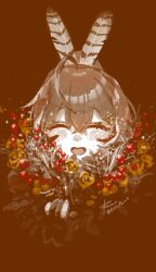 ahoge berry blush brown_background brown_hair christmas_wreath closed_eyes feather_hair_ornament feathers flower gloves hair_ornament hairclip highres holding holding_wreath hololive hololive_english kin_paint multicolored_hair nanashi_mumei nanashi_mumei_(1st_costume) orange_flower orange_rose partially_colored partially_fingerless_gloves ponytail portrait rose smile streaked_hair virtual_youtuber wreath