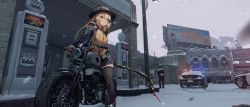 1boy 1girl 666 bird black_jacket black_skirt black_thighhighs blonde_hair bomber_jacket breast_pocket breasts breath brown_eyes car chinese_commentary closed_mouth cuffs demon_horns fur_collar gas_pump gas_station girls&#039;_frontline hair_between_eyes handcuffs hat highres horns jacket long_hair long_sleeves m870_(girls&#039;_frontline) mechanical_tail motor_vehicle motorcycle outdoors pleated_skirt pocket police_car scenery sheriff_badge shirt sign skirt snow snowing tail thighhighs waterkuma yellow_shirt
