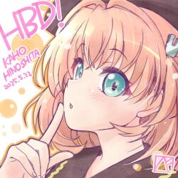 1girl bekkankou beret brown_hat character_name commentary dated dream_believers finger_to_cheek hair_intakes hair_ornament happy_birthday hat hinoshita_kaho index_finger_raised link!_like!_love_live! love_live! medium_hair official_alternate_costume orange_background orange_hair orange_outline outline parted_lips portrait rabbit_hair_ornament signature solo two_side_up virtual_youtuber