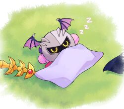 1boy bed_sheet black_cape border cape closed_eyes copy_ability grass highres kirby kirby_(series) kirby_and_the_forgotten_land lying mask meta_knight_sword_kirby nintendo on_back on_grass sakura_gikabi shadow sleeping solo sword sword_kirby tagme weapon white_background white_border zzz