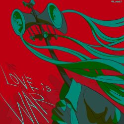 1girl aircraft airplane aqua_collar aqua_hair aqua_necktie artist_name bomber collared_shirt cosplay crossover dutch_angle grey_shirt hatsune_miku hatsune_miku_(cosplay) highres koi_wa_sensou_(vocaloid) long_hair malimonez megaphone military_vehicle necktie pine_tree red_background red_sky shirt short_sleeves silhouette siren_head sky solo song_name tree two-tone_shirt very_long_hair vocaloid