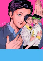 Rule 34 | 99g q, araki hirohiko (person), black eyes, black necktie, blue border, blue jacket, blue shirt, border, collared shirt, commentary, commentary request, dated, diamond wa kudakenai, green headband, headband, highres, hug, jacket, jojo no kimyou na bouken, jojo pose, kishibe rohan, long sleeves, necktie, pink background, real life, shirt, short hair, short sleeves, undercut, white jacket, white shirt, yellow shirt