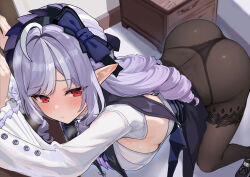 1girl against_wall artist_name ass bent_over black_panties black_pantyhose blush breasts breath closed_mouth come_hither commentary_request curvy from_above hanging_breasts highres indoors kkkula_(kula) large_breasts leaning_forward long_hair looking_to_the_side mole mole_under_eye multicolored_hair paid_reward_available panties panties_under_pantyhose pantyhose patterned_legwear pointy_ears purple_hair red_eyes shrug_(clothing) sideboob sidelocks solo streaked_hair sweat thong underwear vivian_banshee white_shrug zenless_zone_zero