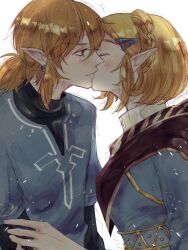 1boy 1girl aqua_shirt aqua_tunic blush braid breasts closed_eyes couple crown_braid earrings gold_trim hair_between_eyes hair_ornament hairclip hetero highres hk_539099410 jewelry kiss link low_ponytail medium_breasts medium_hair nintendo parted_bangs pointy_ears ponytail princess_zelda shirt short_hair sidelocks the_legend_of_zelda the_legend_of_zelda:_breath_of_the_wild tunic upper_body white_background