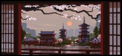 animated animated_gif cherry_blossoms day lake lennsan mountainous_horizon no_humans original outdoors pagoda pixel_art reflection reflective_water scenery sunrise tree water waterfall