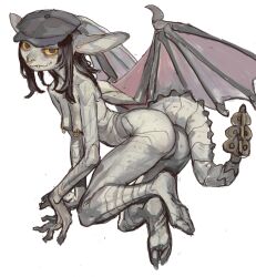 1girl ass black_hair breasts colored_sclera deadlock demon_wings ear_piercing fangs gargoyle hat highres ivy_(deadlock) long_hair long_pointy_ears monster_girl mossacannibalis nose_piercing nose_ring piercing pointy_ears sketch small_breasts tail wings yellow_eyes yellow_sclera
