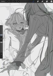 2girls arlecchino_(genshin_impact) art_program_in_frame ascot blush claws commentary disgustingcake furina_(genshin_impact) genshin_impact greyscale hashtag-only_commentary highres holding_hands jacket long_hair long_sleeves looking_at_another monochrome multicolored_hair multiple_girls parted_lips shorts streaked_hair yuri