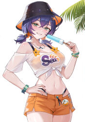 1girl absurdres belle_(summer_skies)_(zenless_zone_zero) belle_(zenless_zone_zero) bikini bikini_visible_through_clothes blue_hair breasts bucket_hat commentary food green_eyes hat highres holding holding_food holding_popsicle looking_at_viewer medium_breasts midriff navel official_alternate_costume orange_bikini orange_shorts popsicle see-through_clothes see-through_shirt shirt short_hair shorts simple_background solo ssatang_118 swimsuit tied_shirt white_background white_shirt zenless_zone_zero