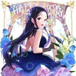 1girl :d backless_dress backless_outfit bare_shoulders black_dress black_flower black_gloves black_hair black_rose blue_dress blue_flower blue_hair blue_ribbon blue_rose blush breasts card_(medium) character_name choker clarice_lapis cowboy_shot crown double_bun dress dutch_angle elbow_gloves floral_print flower forehead frilled_dress frilled_skirt frills from_behind gloves hair_bun hair_flower hair_intakes hair_ornament hair_ribbon happy_birthday holding holding_instrument holding_microphone instrument jewelry lace lace-trimmed_gloves lace_trim layered_dress layered_skirt leaf long_hair looking_at_viewer looking_back looking_to_the_side medium_breasts microphone microphone_stand music non-web_source open_mouth parted_bangs petals pink_eyes pink_flower pink_rose purple_dress purple_eyes purple_flower purple_rose red_eyes red_flower red_rose ribbon rose rose_print round_teeth salt_(salty) see-through_clothes short_dress sidelocks skirt sleeveless sleeveless_dress small_breasts smile solo sparkle standing teeth thighhighs tiara uchi_no_hime-sama_ga_ichiban_kawaii upper_teeth_only very_long_hair weapon white_background white_flower white_ribbon white_rose yellow_flower yellow_rose