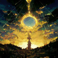 1girl ai-assisted arm_up arms_at_sides circle claws commentary_request extra_arms facing_away faputa from_behind highres hiruzuka_miyako made_in_abyss medium_hair meteor_shower multiple_tails outdoors rock scenery solo standing tail white_fur white_hair wide_shot