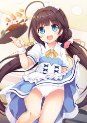 Rule 34 | 10s, 1girl, :d, ahoge, apron, blue dress, blue eyes, blunt bangs, blush, bow, brown hair, clothes lift, commentary request, dress, dress lift, dutch angle, female focus, food, frilled apron, frills, head tilt, highres, hinatsuru ai, holding, holding tray, indoors, lifting own clothes, long hair, looking at viewer, low twintails, maid headdress, open mouth, panties, puffy short sleeves, puffy sleeves, round teeth, ryuuou no oshigoto!, sakuraba hikaru (loveindog), short sleeves, smile, solo, standing, teeth, tray, twintails, underwear, upper teeth only, very long hair, waist apron, waitress, white apron, white panties, wrist cuffs, yellow bow