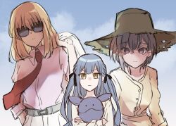 Rule 34 | 3girls, bang dream!, bang dream! it&#039;s mygo!!!!!, blonde hair, blue hair, blue sky, hat, misumi uika, multiple girls, purple hair, setou (bpdne), sky, sun hat, sunglasses, takamatsu tomori, togawa sakiko