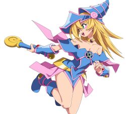 1girl bare_shoulders blonde_hair blue_boots boots breasts cleavage commentary dark_magician_girl duel_monster green_eyes hat highres holding holding_wand jewelry long_hair neck_ring open_mouth pentacle showgirl_skirt simple_background solo star_(symbol) wand white_background wizard_hat yachima_tana yu-gi-oh!