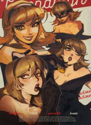 1girl alexartxvi bare_shoulders blonde_hair breasts cleavage collarbone cover earrings fake_cover gloves highres jewelry lipstick looking_at_viewer makeup mask multiple_views open_mouth original smile solo teeth yellow_eyes