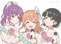3girls 4th_live_dream_~bloom_the_dream_believers~ :d ^_^ aqua_bow aqua_choker black_hair blush bow braid cerise_bouquet cheek_poking choker closed_eyes closed_mouth collarbone commentary dress facing_viewer flipped_hair flower flower-trimmed_dress flower_choker frilled_gloves frills gloves green_eyes hair_bow half_up_braid high_ponytail highres hinoshita_kaho holding holding_microphone link!_like!_love_live! long_hair looking_at_another love_live! medium_hair microphone momose_ginko multiple_girls nogreen open_mouth orange_hair otomune_kozue pink_flower pink_rose poking ponytail purple_hair raised_inner_eyebrows rose short_hair sidelocks simple_background single-shoulder_dress single_bare_shoulder smile song_name split_mouth sugar_melt_(love_live!) teeth translation_request upper_body upper_teeth_only virtual_youtuber white_background white_dress white_gloves yume_wazurai