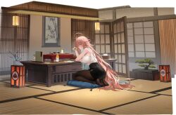 Rule 34 | 1girl, absurdres, ahoge, alcohol, armpit crease, azur lane, bare shoulders, black skirt, blue eyes, breasts, brown hair, cushion, drink, drunk, heart, heart-shaped pupils, highres, impero (azur lane), impero (drunken drowsy dreamer) (azur lane), large breasts, long hair, looking at viewer, non-web source, office lady, official alternate costume, official art, pantyhose, pencil skirt, shirt, sitting, skirt, sleeveless, sleeveless shirt, solo, symbol-shaped pupils, very long hair, white shirt