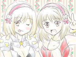 Rule 34 | 2girls, :d, :p, animal, animal around neck, armor, bikini armor, blonde hair, breasts, brown eyes, cat hair ornament, cleavage, closed mouth, dress, floral background, fox, frilled hairband, frills, hair ornament, hairband, harunyan, looking at viewer, medium breasts, medium hair, multiple girls, one eye closed, open mouth, pink hairband, professor (ragnarok online), ragnarok online, red dress, rune knight (ragnarok online), short hair, sleeveless, sleeveless dress, smile, spiked pauldrons, tongue, tongue out, upper body