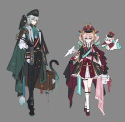 1boy 1girl absurdres alternate_costume anaxa_(honkai:_star_rail) aqua_eyes aqua_hair black_dress black_hat black_pants blue_eyes closed_mouth creature dress full_body grey_background hat highres holding holding_suitcase honkai:_star_rail honkai_(series) hyacine_(honkai:_star_rail) medium_hair pants papajay_(jennygin2) parted_lips pink_hair red_hat simple_background smile snake suitcase teeth white_wings wings