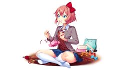 1girl bag blazer blue_bag blue_bow blue_eyes blue_skirt blush bow box breasts brown_hair collared_shirt commentary crossed_legs doki_doki_literature_club doki_doki_literature_club_plus doki_doki_literature_club_school_uniform double-parted_bangs dress_shirt english_commentary eyebrows_hidden_by_hair full_body game_cg gift gift_bag gift_box gold_bow grey_jacket hair_bow highres indoors jacket kneehighs long_eyelashes long_sleeves medium_breasts miniskirt mouth_hold neck_ribbon no_shoes non-web_source official_art open_clothes open_jacket paper_bag pleated_skirt promotional_art raised_eyebrows red_bow red_ribbon ribbon satchely sayori_(doki_doki_literature_club) school_uniform scissors shirt shoes short_hair sidelocks simple_background sitting skirt smile socks solo tape tareme thick_eyelashes thighs toes tying v-neck valentine wavy_hair white_background white_shirt white_shoes wide-eyed wing_collar wooden_floor yarn yarn_ball yellow_bow