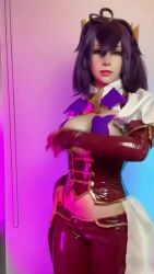 Rule 34 | 1girl, ami chan (cosplayer), animated, audible music, breasts, cosplay, dancing, female focus, highres, hiiragi utena, hiiragi utena (cosplay), horns, indoors, large breasts, looking at viewer, mahou shoujo ni akogarete, medium hair, mexican (nationality), open mouth, pasties, photo (medium), purple hair, real life, solo, sound, tagme, teeth, video