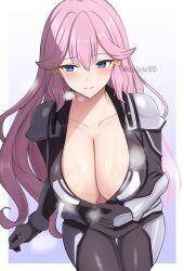 1girl black_bodysuit black_gloves blue_eyes blush bodysuit breasts cleavage closed_mouth collarbone gloves hair_between_eyes hair_tie highres huge_breasts kakumeiki_valvrave long_hair looking_to_the_side outa_nao pink_hair solo steaming_body surippa1010 sweat thigh_gap thighs twitter_username two-tone_background white_background