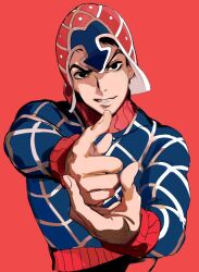 1boy argyle_clothes argyle_sweater arrow_(symbol) blue_sweater brown_eyes brown_hair collar commentary guido_mista hands_up hat jojo_no_kimyou_na_bouken looking_at_viewer male_focus nineo outstretched_arm patterned_clothing pointing pointing_at_viewer red_background red_collar red_wrist_cuffs simple_background smile solo striped_clothes striped_headwear striped_sweater sweater upper_body vento_aureo wrist_cuffs