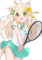 1girl :o ahoge animal_ears aqua_skirt artist_name bare_arms blush bow cat_ears cat_girl cat_tail commentary cowboy_shot fish_hair_ornament flat_chest green_eyes hair_bow hair_ornament hair_tubes hazakura_hinata heterochromia highres holding_tennis_racket kurumi_(hazakura_hinata) long_hair looking_at_viewer miniskirt no_panties original pleated_skirt polo_shirt racket shirt short_sleeves skirt solo sportswear tail tail_under_clothes tennis tennis_racket tennis_uniform white_shirt yellow_bow yellow_eyes